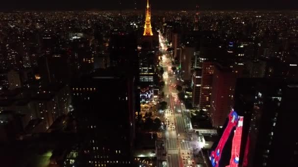 Panoramiczny Widok Oświetloną Aleję Sao Paulo Brazylia Aleja Paulista Wspaniały — Wideo stockowe