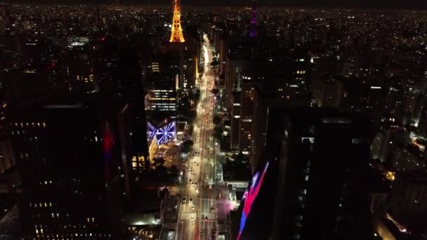 Panoramablick Auf Eine Beleuchtete Avenue Sao Paulo Brasilien Paulista Allee — Stockvideo