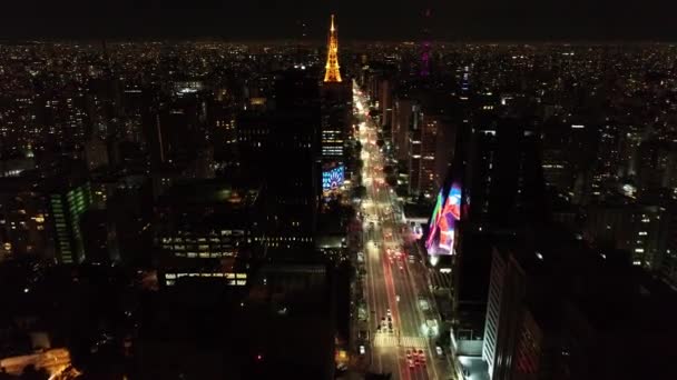 Panoramiczny Widok Oświetloną Aleję Sao Paulo Brazylia Aleja Paulista Wspaniały — Wideo stockowe