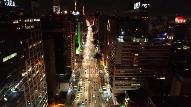 Panoramisch Uitzicht Een Verlichte Laan Sao Paulo Brazilië Paulista Avenue — Stockvideo