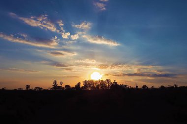 Kırsal hayat sahnesinde renkli günbatımı manzarası. Kır manzarası.