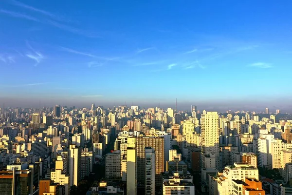 Vista Panoramica Alba Nella Scena Vita Della Città Con Cielo — Foto Stock
