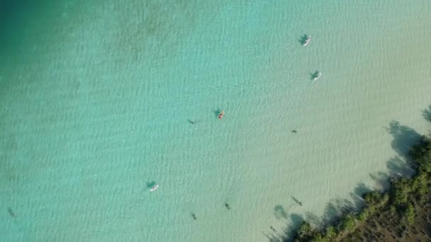 4k antenn skott flyger över kajaker i sjön 7 Färger - Mexiko Nära Belize — Stockvideo
