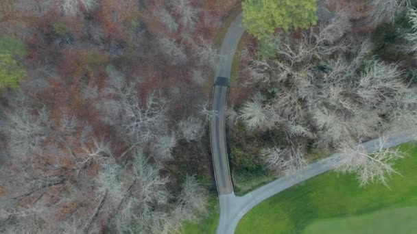View Flying Away from Quiet Road Obklopen stromy, vedle golfového hřiště — Stock video