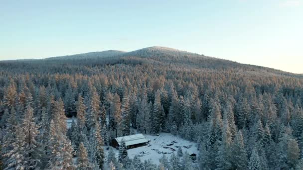 4k Air Shot Flying Away from Cabin on Hill in the Snowy Forest in a Clear Day — стокове відео