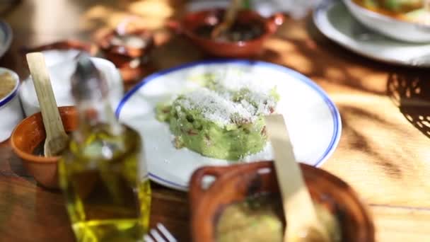 Plonger lentement une puce dans une sauce mexicaine traditionnelle Guacamole sur une table — Video