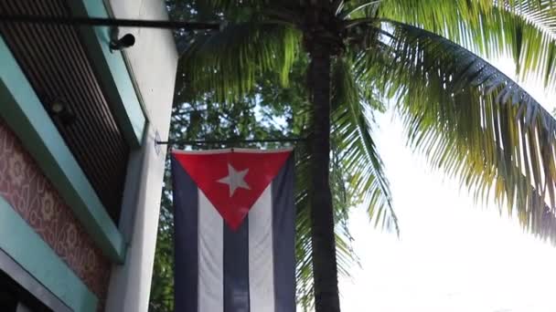 在大楼前面扫视一面古巴国旗，然后转来转去 — 图库视频影像
