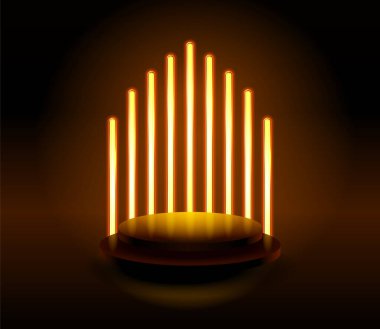 Bir ürün veya olay sunmak için sarı neon tüplerden yapılmış yuvarlak bir sahne..