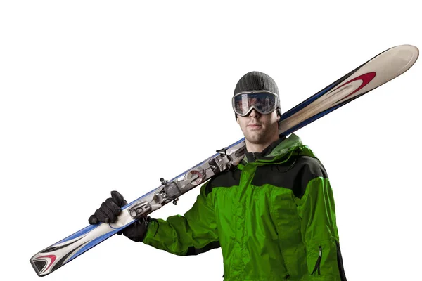 Sciatore con in mano un paio di sci — Foto Stock