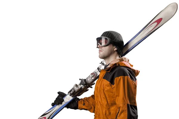 Skifahrer mit einem Paar Skier — Stockfoto