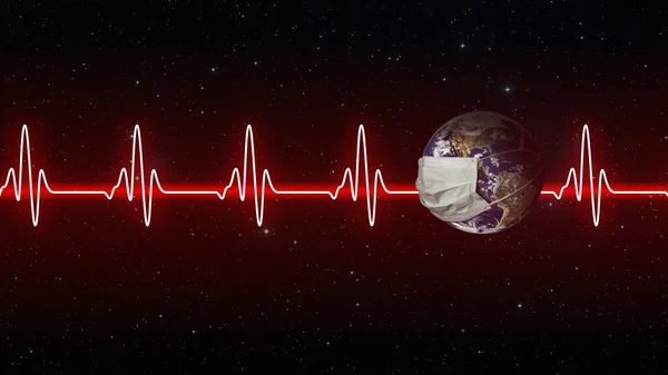 planet Earth wearing a mask with a sick heartbeat, concept of sports suffering from the COVID-19 pandemic.