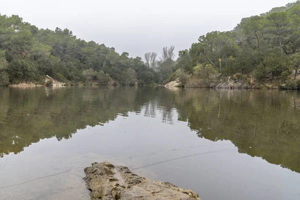 Terrassa, Barselona, İspanya, bulutlu bir günde küçük gölde. — Stok fotoğraf