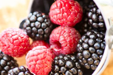 Ahududu ve böğürtlenli küçük kova, yakın plan.