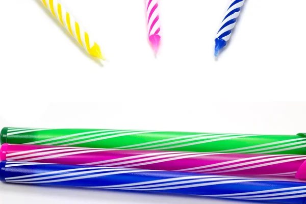 Happy birthday candle and Colorful pen background — Stock Photo, Image