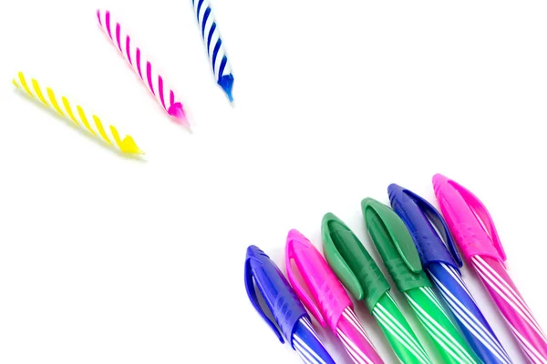 Happy birthday candle and Colorful pen background — Stock Photo, Image
