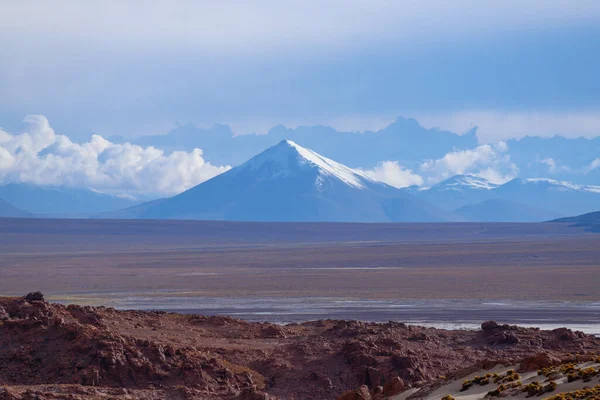 Krajobraz Boliwijskich Wyżyn Pustynny Krajobraz Andyjskiego Płaskowyżu Boliwii Szczytami Pokrytych — Zdjęcie stockowe