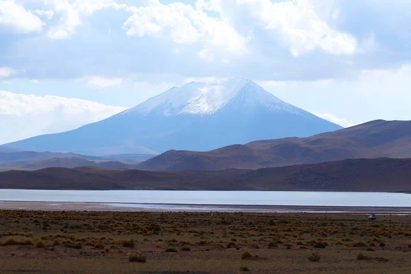 Laguna Hedionda Ośnieżone Wulkany Pustynne Krajobrazy Wyżynach Boliwii Andyjskie Krajobrazy — Zdjęcie stockowe