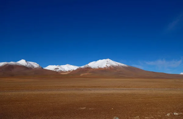 Krajobraz Pustyni Siloli Ośnieżone Wulkany Pustynne Krajobrazy Wyżynach Boliwii Andyjskie — Zdjęcie stockowe