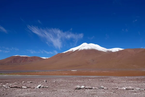 Laguna Colorada Siloli Çölü Manzarası Karla Kaplı Volkanlar Bolivya Nın — Stok fotoğraf