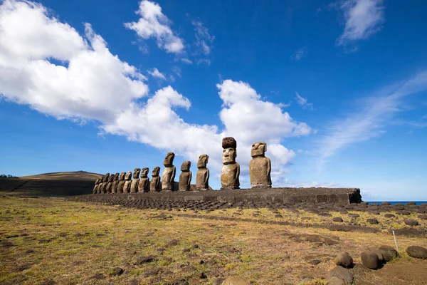 Moais Stone Platform Ahu Tongariki South Coast Easter Island Easter — Stock Photo, Image