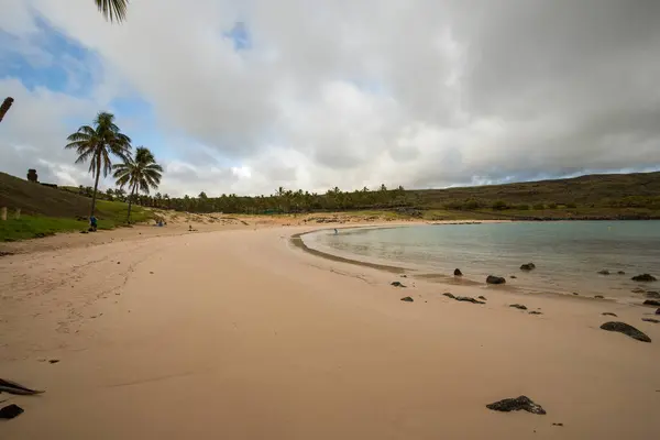 Panorama Plage Anakena Avec Nuages Île Pâques Chili Avril 2018 — Photo