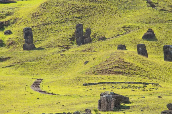 Εξωτερικές Πλαγιές Του Ηφαιστείου Rano Raraku Πολλά Moai Rano Raraku — Φωτογραφία Αρχείου