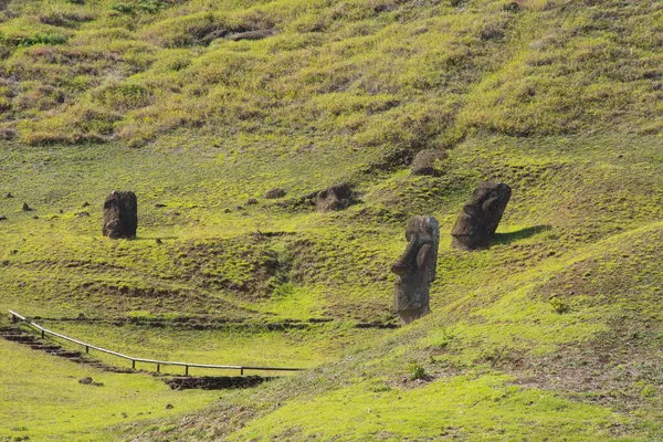 Encostas Exteriores Vulcão Rano Raraku Com Muitos Moai Rano Raraku — Fotografia de Stock