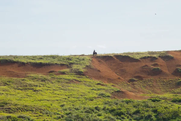 A man on a horse on the inner walls of the volcano crater of Rano Raraku, the quarry of the moais, Easter Island. Easter Island, Chile - April, 2018
