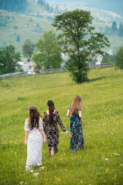 Flickor Flickvän klänningar resten på naturen i en härligt berg äng — Stockfoto