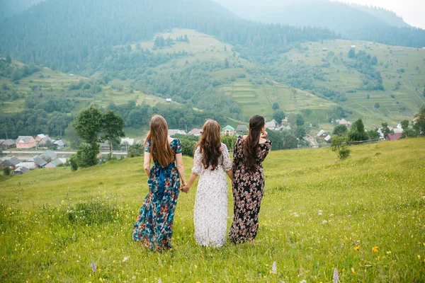 Flickor Flickvän klänningar resten på naturen i en härligt berg äng — Stockfoto
