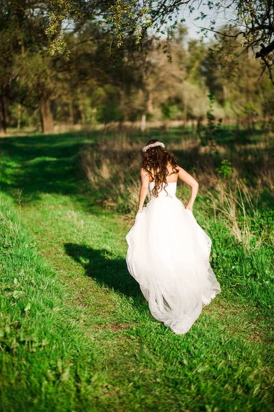 Bela noiva em vestido de noiva e com um humor encantador na natureza — Fotografia de Stock