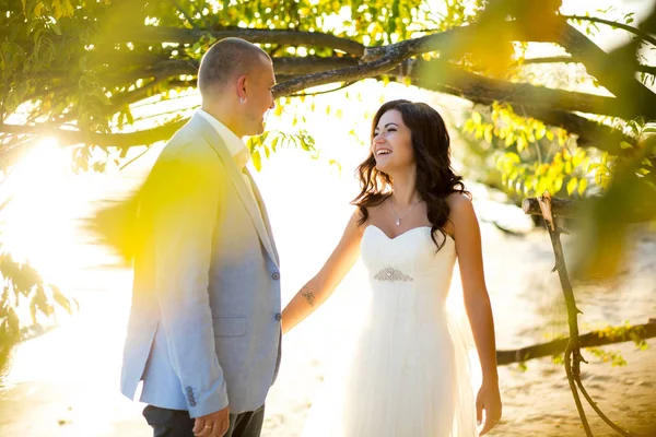 Retrato de casal de amantes recém-casados na natureza. Brunette noiva em vestido de noiva com um belo penteado, véu e maquiagem e seu marido em um terno — Fotografia de Stock