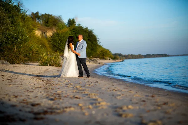 Retrato de casal de amantes recém-casados na natureza. Brunette noiva em vestido de noiva com um belo penteado, véu e maquiagem e seu marido em um terno — Fotografia de Stock