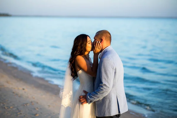 Retrato de casal de amantes recém-casados na natureza. Brunette noiva em vestido de noiva com um belo penteado, véu e maquiagem e seu marido em um terno — Fotografia de Stock