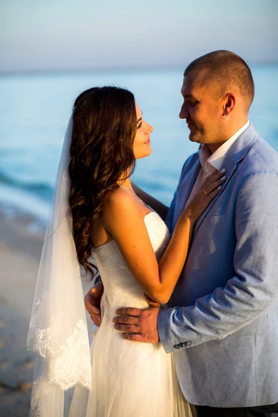 Retrato de pareja de amantes recién casados sobre la naturaleza. Morena novia en vestido de novia con un hermoso peinado, velo y maquillaje y su marido en un traje — Foto de Stock