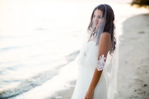 Retrato de noiva morena em vestido de noiva com um belo penteado, véu e maquiagem à beira-mar — Fotografia de Stock