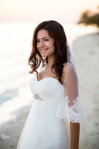 Retrato de noiva morena em vestido de noiva com um belo penteado, véu e maquiagem à beira-mar — Fotografia de Stock