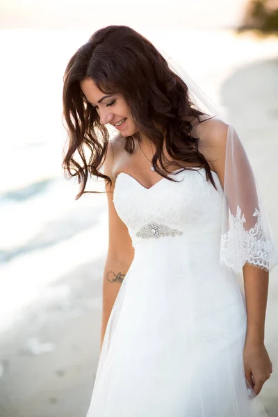 布鲁内特新娘的婚纱漂亮的发型啊，面纱与化妆海滨的肖像 — 图库照片