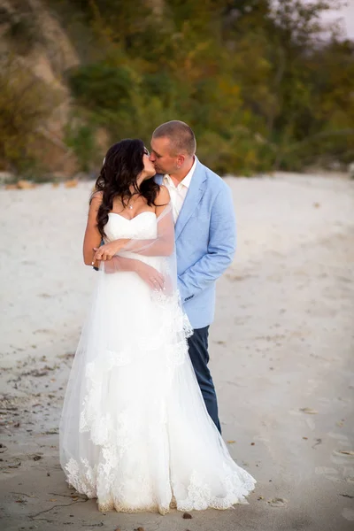 Retrato de casal de amantes recém-casados na natureza. Brunette noiva em vestido de noiva com um belo penteado, véu e maquiagem e seu marido em um terno — Fotografia de Stock