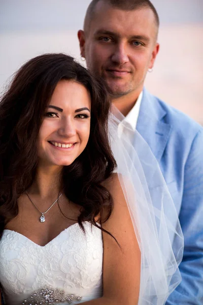 Retrato de pareja de amantes recién casados sobre la naturaleza. Morena novia en vestido de novia con un hermoso peinado, velo y maquillaje y su marido en un traje — Foto de Stock