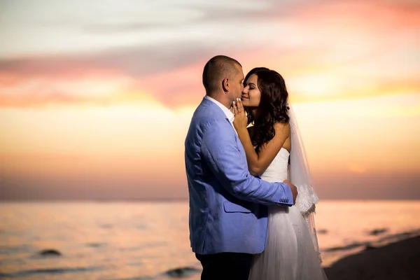 Retrato de casal de amantes recém-casados na natureza. Brunette noiva em vestido de noiva com um belo penteado, véu e maquiagem e seu marido em um terno — Fotografia de Stock