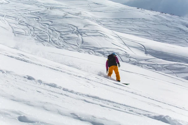 Verse witte sneeuw met skipiste op zonnige winterdag Stockafbeelding