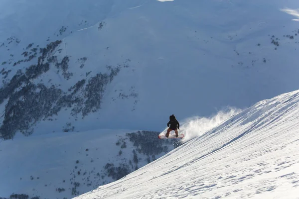 Snowboarder snowboard sulla neve fresca e bianca con pista da sci nella giornata invernale soleggiata — Foto Stock