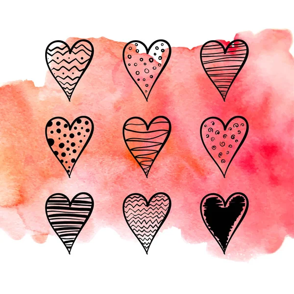 Cartaz aquarela rosa, corações de tinta. Ilustração vetorial — Vetor de Stock