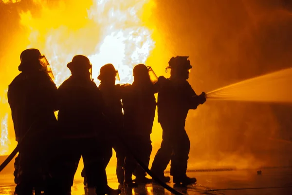 Grupo de bombeiros que controlam a mangueira pulverizando água durante o exercício de combate a incêndios — Fotografia de Stock