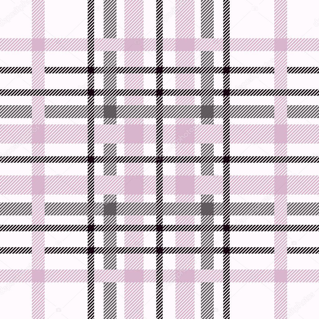 Seamless vector tartan plaid pattern. All over fabric texture print in grey, black and pale pink colour.