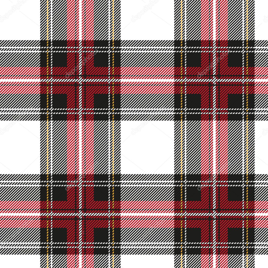 White Royal Stewart seamless vector tartan plaid pattern. All over fabric texture print in red, black and yellow on white background.