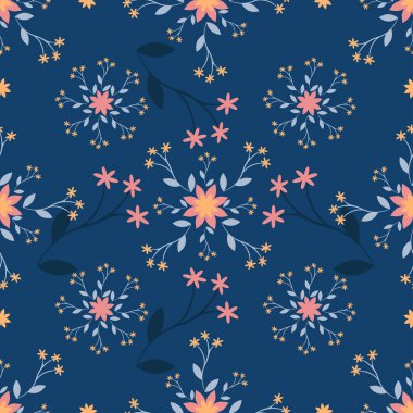 Pembe sarı ve mavi renkli küçük çiçek desenli şirin halk deseni. Kusursuz vektör deseni..