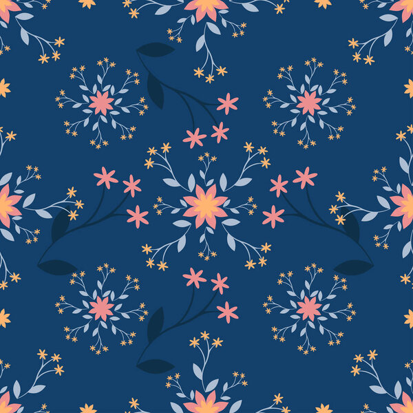 Cute folk pattern with small bunch of flowers in pink yellow and blue colour.Seamless vector pattern.