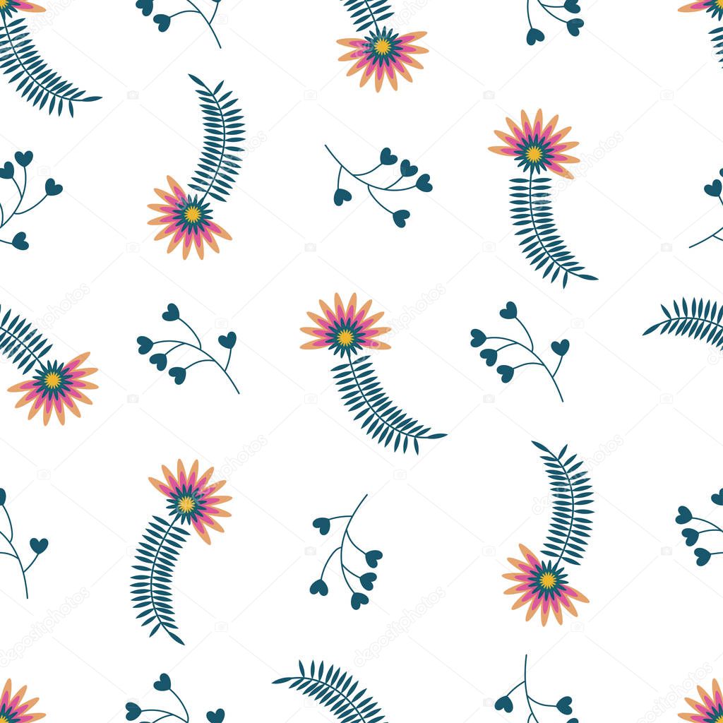 Abstract folk style flowers and foliage in pink, petrol green, dark green and yellow colour. Seamless vector pattern.